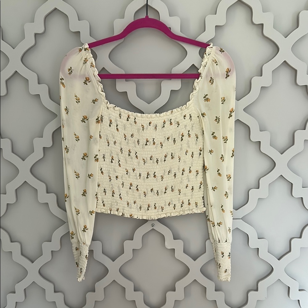 Reformation Cream Floral Smocked Blouse
